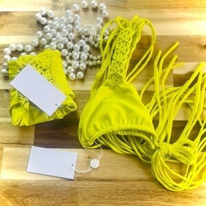 MIKOH | S / M | Kula Lilikoi Woven Detail Triangle Strappy Bikini Halter Top NWT